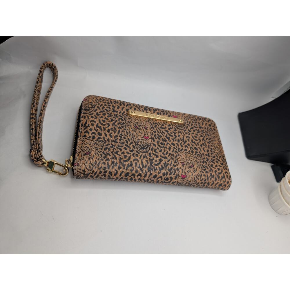 Betsey Johnson Leopard Print Zip Around Wallet Wristlet with Pink Accents